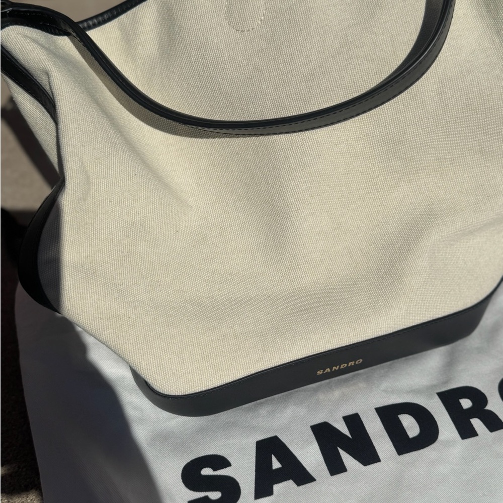 Sandro Ivory Canvas and Black Leather Tote